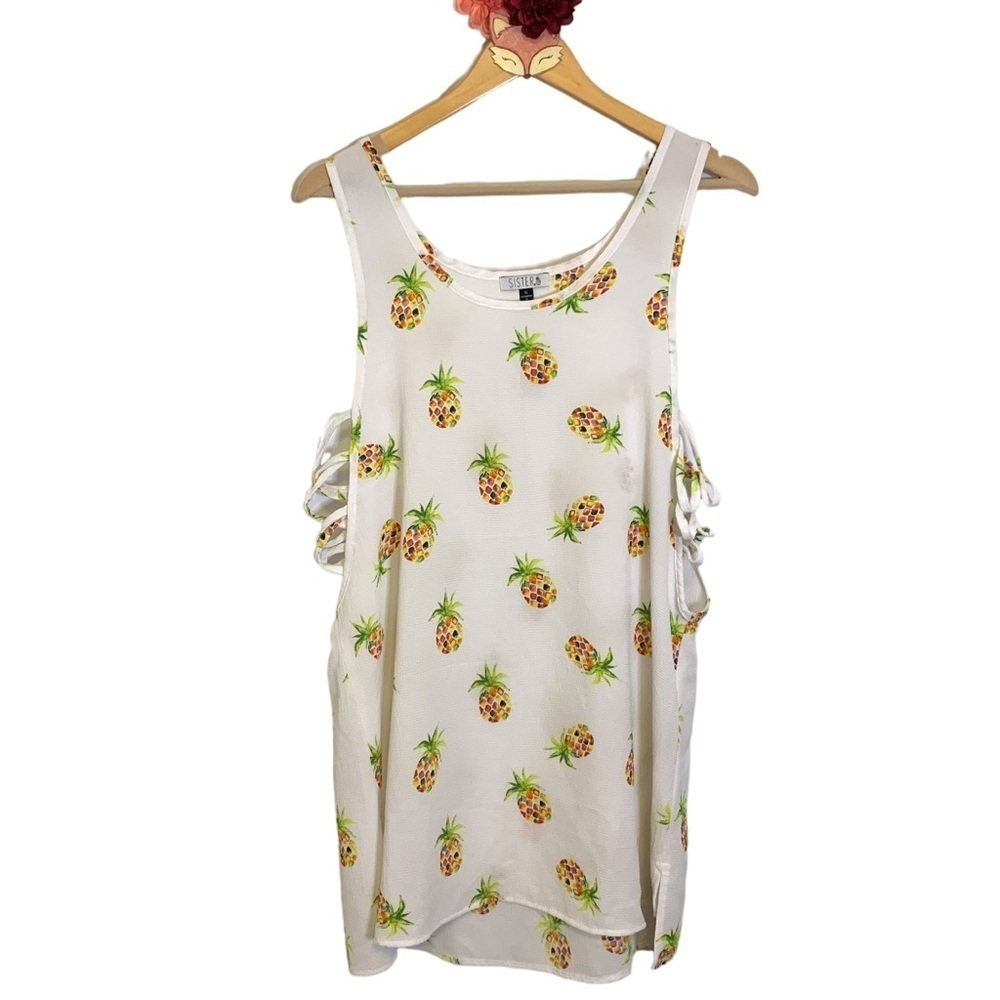 Sister tank top white pineapple print crisscross armhole strappy cutout xlarge